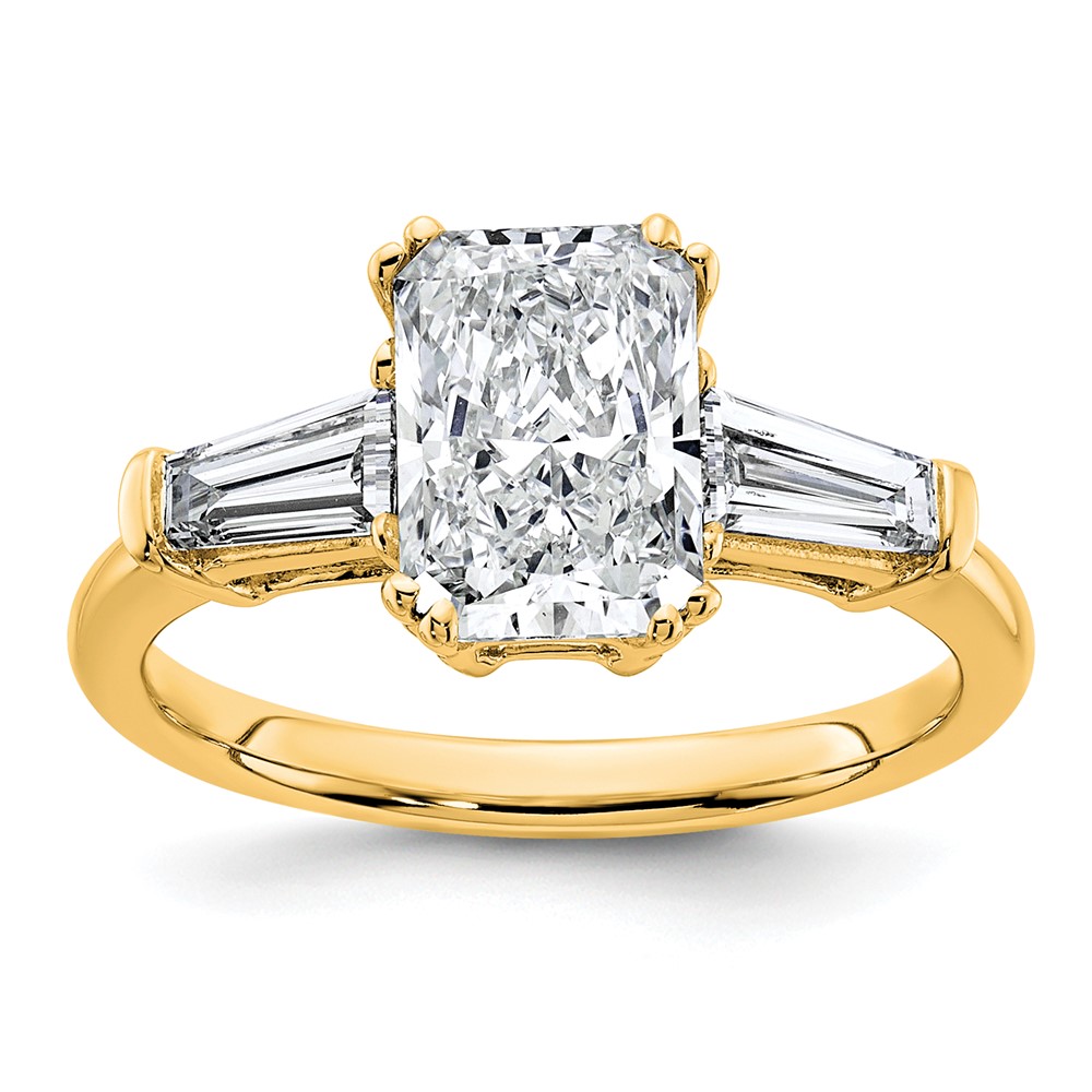 14K Yellow Gold 2.62 Carat Certified Lab Grown Diamond VS+ F+ Radiant Ring with Tapered Baguette Sides Complete Engagement