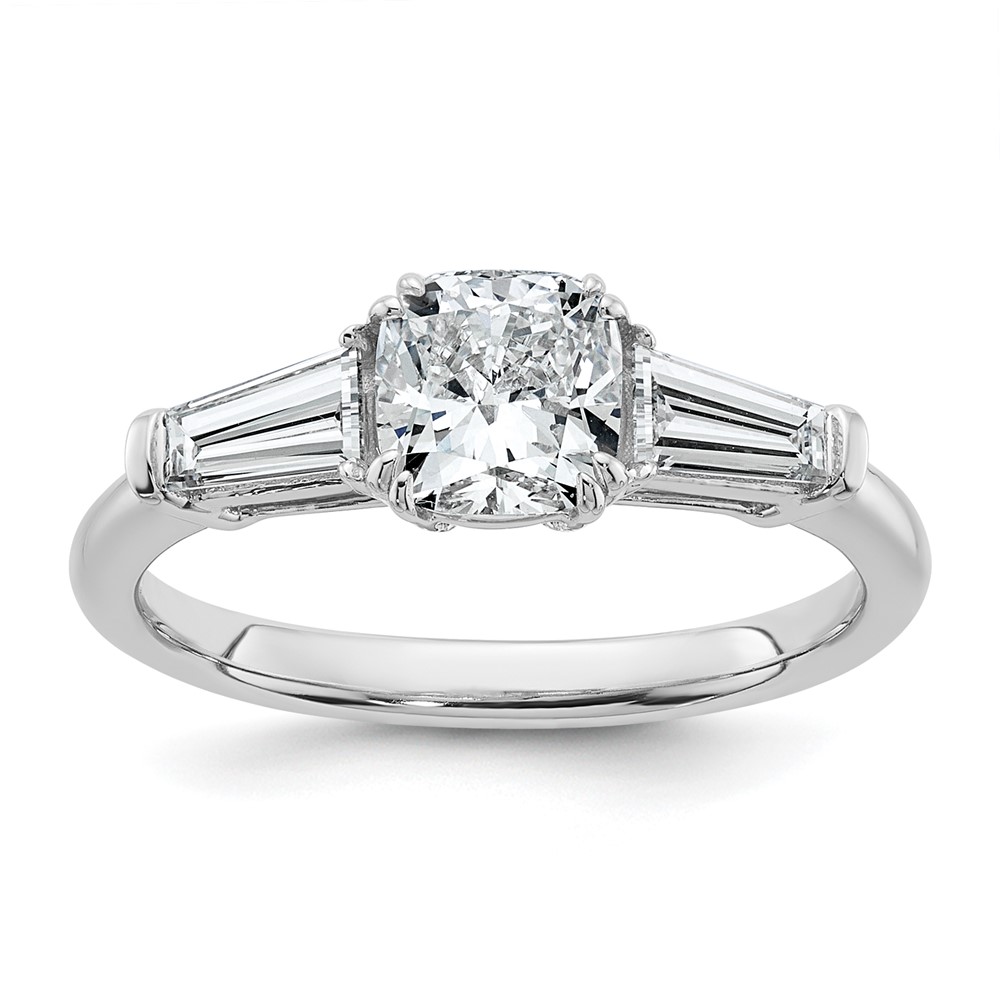14K White Gold 1.50 Carat Lab Grown Diamond VS+ F+ Cushion and Tapered Baguette Complete Three Stone Engagement Ring