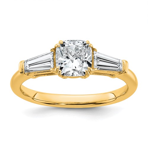 14K Yellow Gold 1.50 Carat Certified Lab Grown Diamond VS+ F+ Cushion and Tapered Baguette Complete Three Stone Engagement Ring