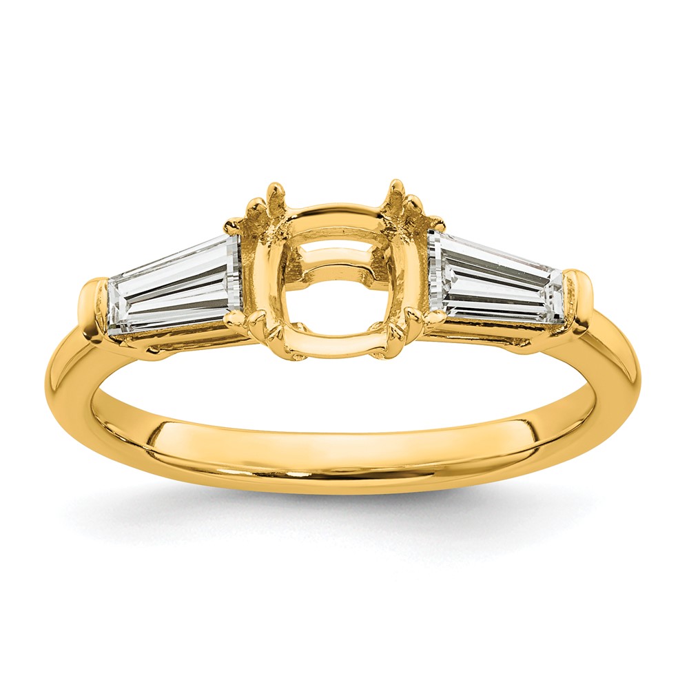 14K Yellow Gold 0.50 Carat Lab Grown Diamond VS+ F+ Tapered Baguette 1 Carat Cushion Center Semi Mount Three Stone Engagement Ring