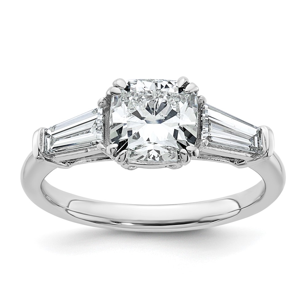 14K White Gold 2 Carat Certified Lab Grown Diamond VS+ F+ Cushion and Tapered Baguette Complete Three Stone Engagement Ring