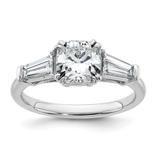 14K White Gold 2 Carat Lab Grown Diamond VS+ F+ Cushion and Tapered Baguette Complete Three Stone Engagement Ring
