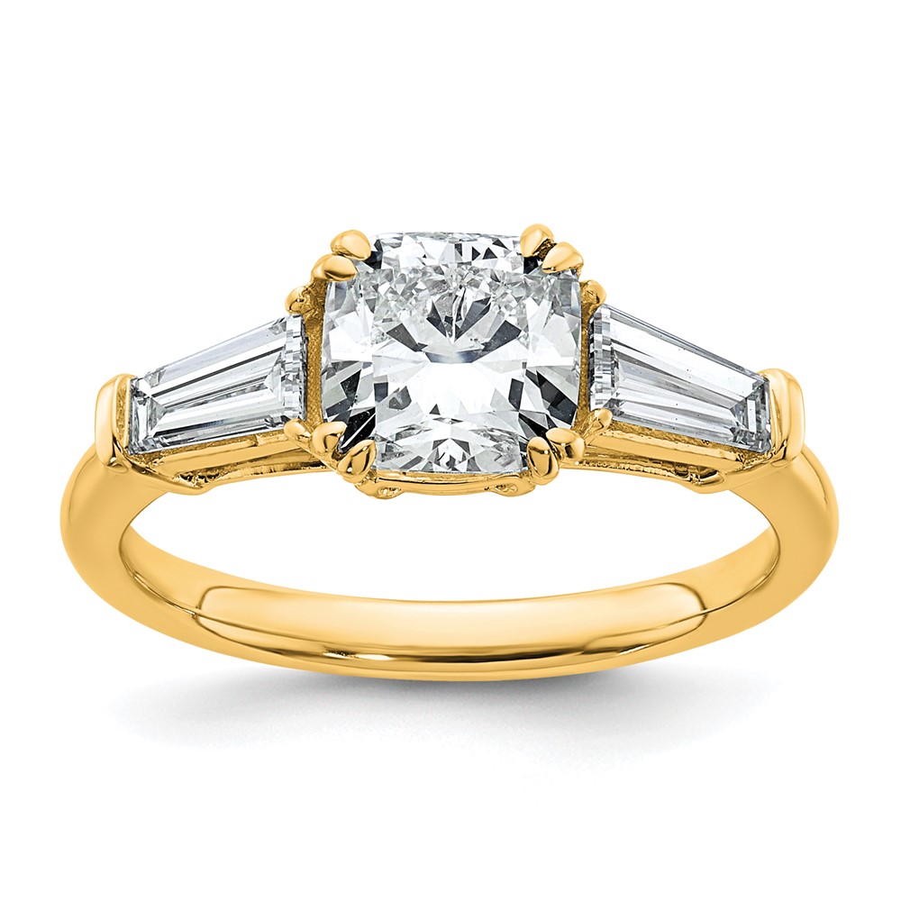 14K Yellow Gold 2 Carat Certified Lab Grown Diamond VS+ F+ Cushion and Tapered Baguette Complete Three Stone Engagement Ring