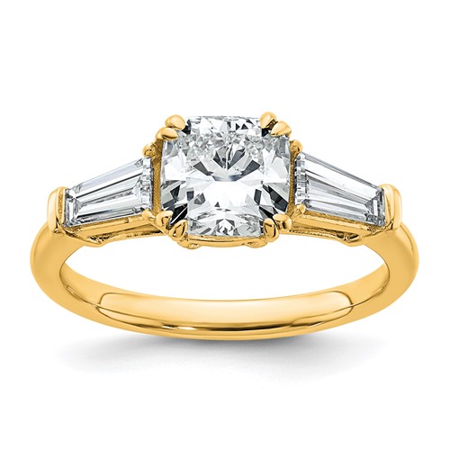 14K Yellow Gold 2 Carat Certified Lab Grown Diamond VS+ F+ Cushion and Tapered Baguette Complete Three Stone Engagement Ring