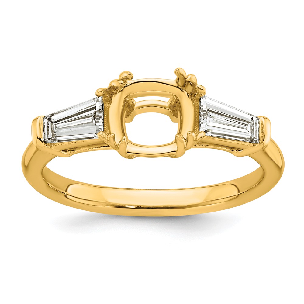 14K Yellow Gold 0.62 Carat Lab Grown Diamond VS+ F+ Tapered Baguette 1.50 Carat Cushion Center Semi Mount Three Stone Engagement Ring