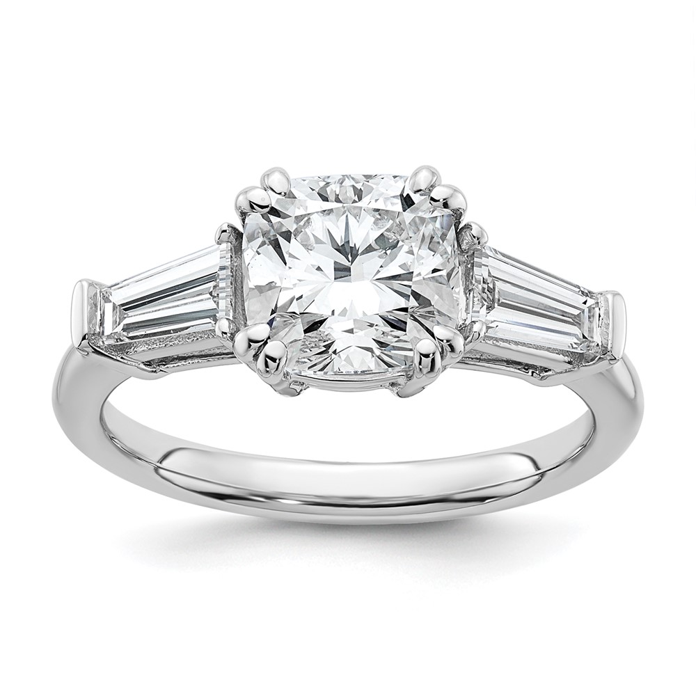 14K White Gold 2.62 Carat Lab Grown Diamond VS+ F+ Cushion and Tapered Baguette Complete Three Stone Engagement Ring
