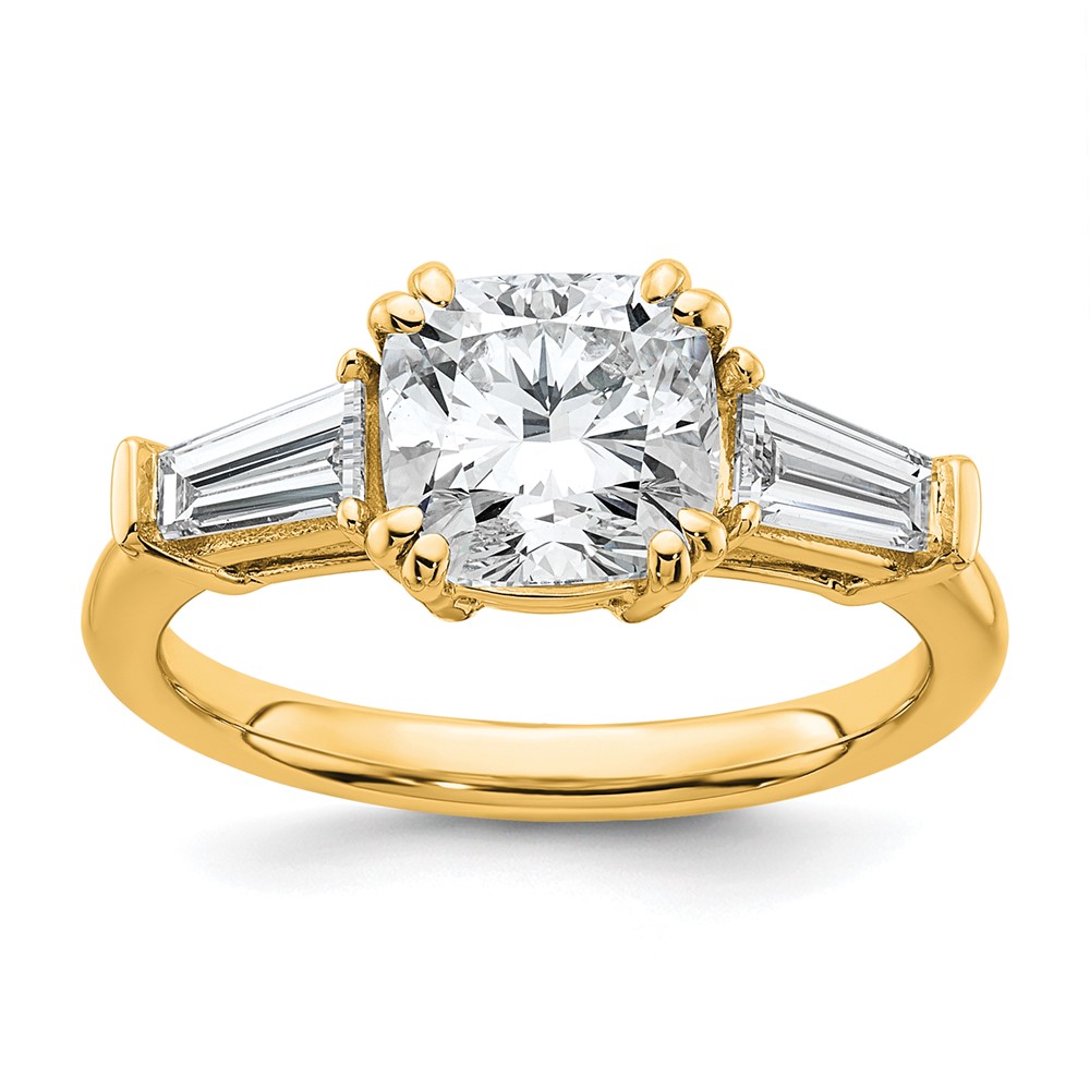 14K Yellow Gold 2.62 Carat Certified Lab Grown Diamond VS+ F+ Cushion and Tapered Baguette Complete Three Stone Engagement Ring