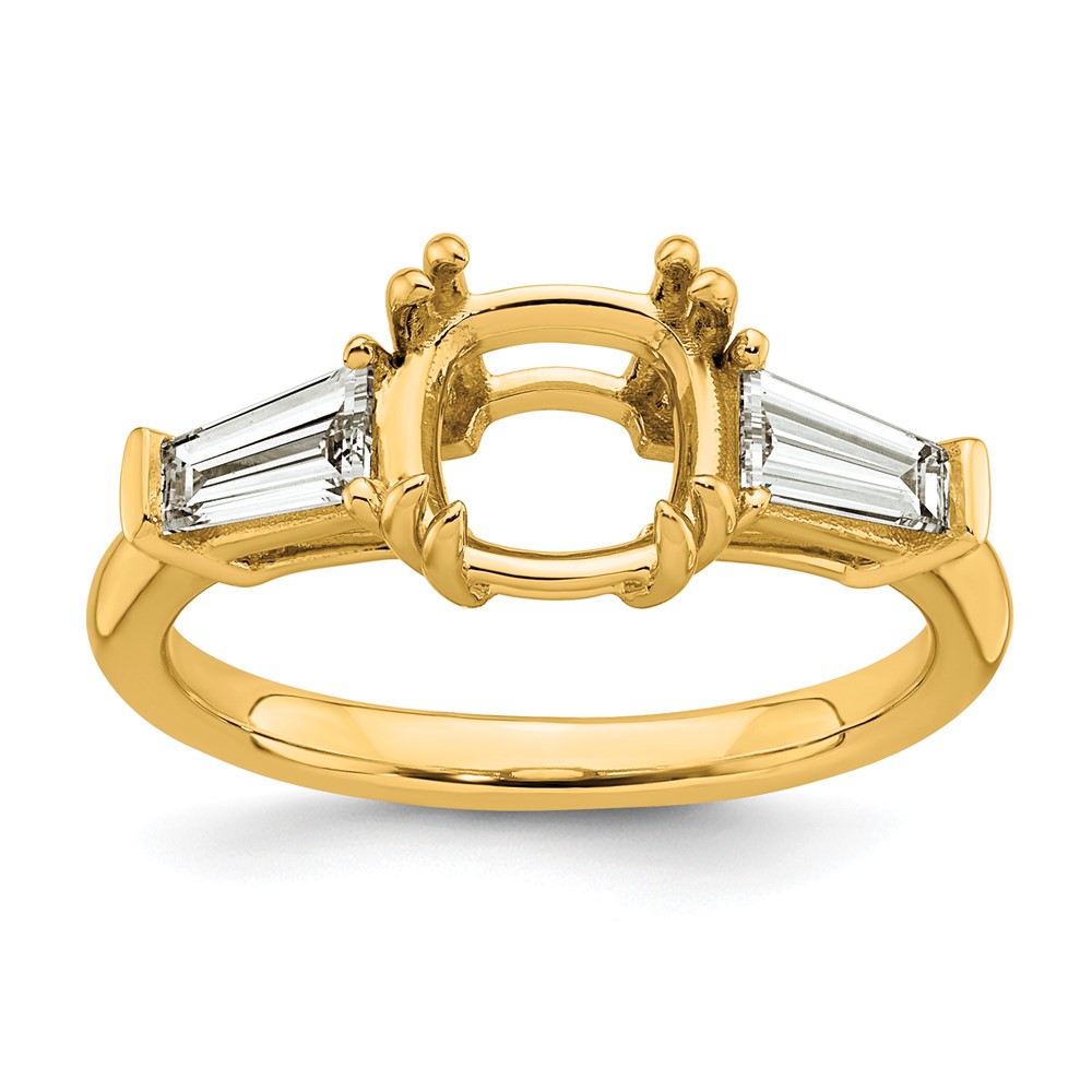 14K Yellow Gold 0.62 Carat Lab Grown Diamond VS+ F+ Tapered Baguette 2 Carat Cushion Center Semi Mount Three Stone Engagement Ring