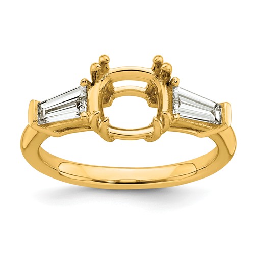 14K Yellow Gold 0.62 Carat Lab Grown Diamond VS+ F+ Tapered Baguette 2 Carat Cushion Center Semi Mount Three Stone Engagement Ring