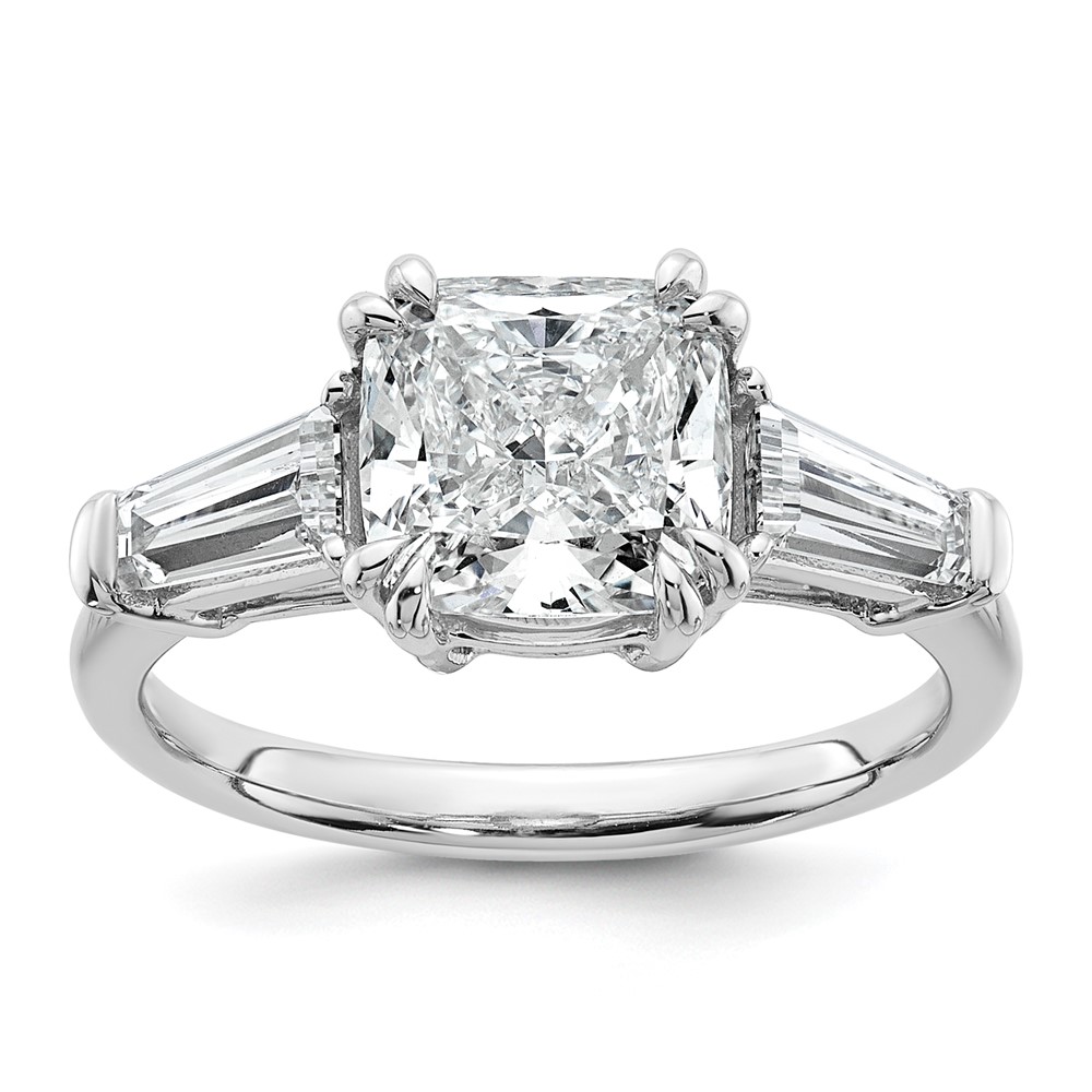 14K White Gold 3.20 Carat Lab Grown Diamond VS+ F+ Cushion and Tapered Baguette Complete Three Stone Engagement Ring
