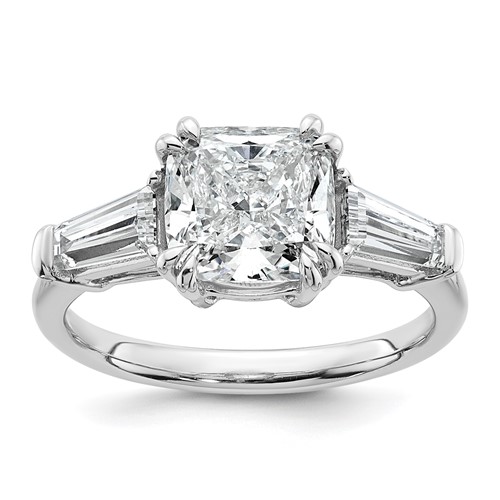 14K White Gold 3.20 Carat Certified Lab Grown Diamond VS+ F+ Cushion and Tapered Baguette Complete Three Stone Engagement Ring