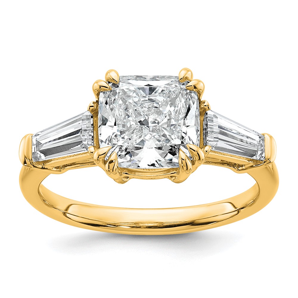 14K Yellow Gold 3.20 Carat Certified Lab Grown Diamond VS+ F+ Cushion and Tapered Baguette Complete Three Stone Engagement Ring