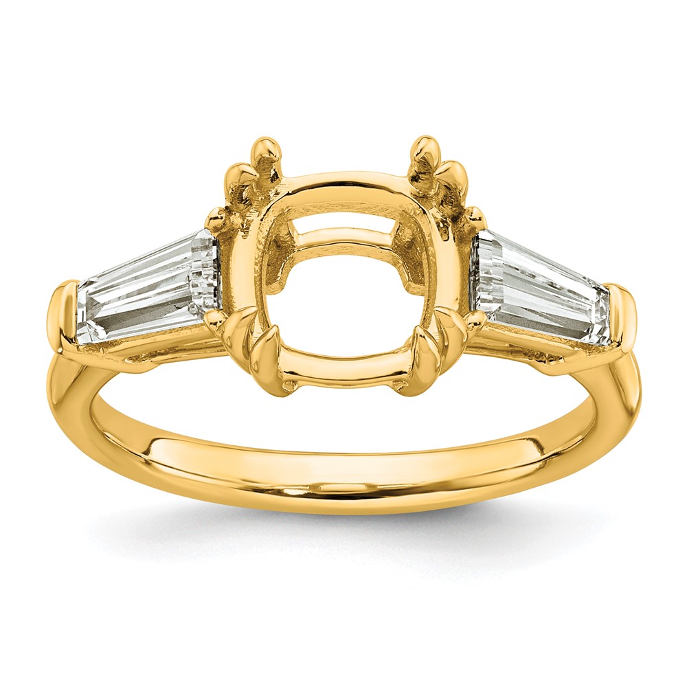 14K Yellow Gold 0.75 Carat Lab Grown Diamond VS+ F+ Tapered Baguette 2.50 Carat Cushion Center Semi Mount Three Stone Engagement Ring