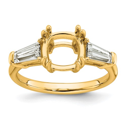 14K Yellow Gold 0.75 Carat Lab Grown Diamond VS+ F+ Tapered Baguette 2.50 Carat Cushion Center Semi Mount Three Stone Engagement Ring