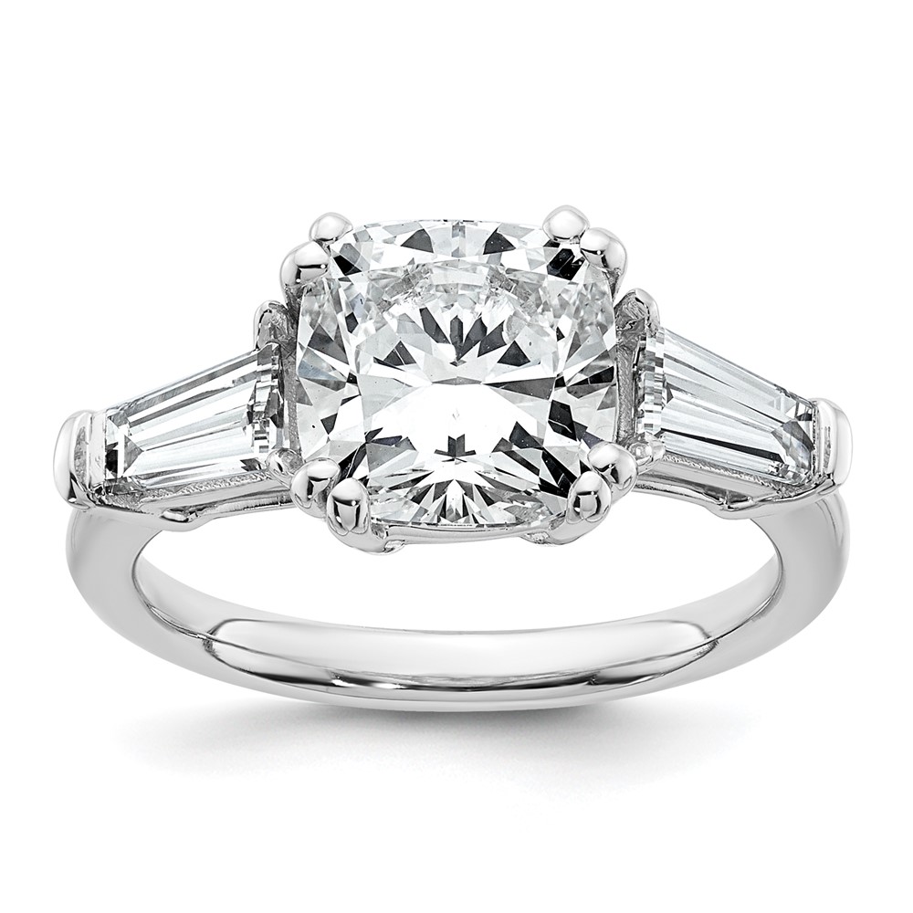 14K White Gold 3.75 Carat Lab Grown Diamond VS+ F+ Cushion and Tapered Baguette Complete Three Stone Engagement Ring
