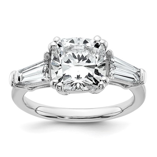 14K White Gold 3.75 Carat Certified Lab Grown Diamond VS+ F+ Cushion and Tapered Baguette Complete Three Stone Engagement Ring