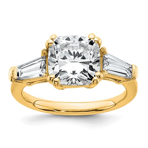 14K Yellow Gold 3.75 Carat Certified Lab Grown Diamond VS+ F+ Cushion and Tapered Baguette Complete Three Stone Engagement Ring