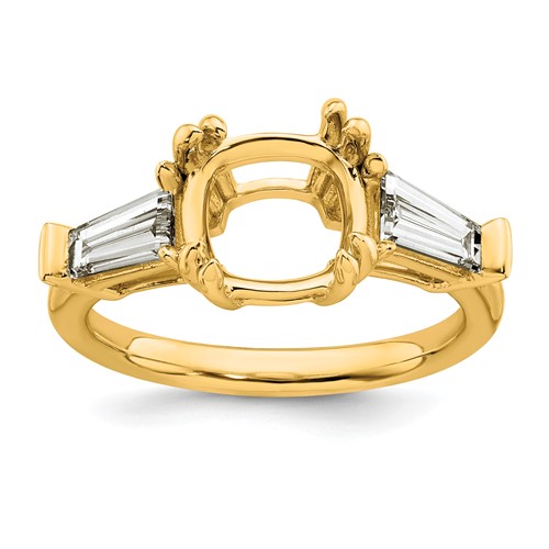 14K Yellow Gold 0.75 Carat Lab Grown Diamond VS+ F+ Tapered Baguette 3 Carat Cushion Center Semi Mount Three Stone Engagement Ring