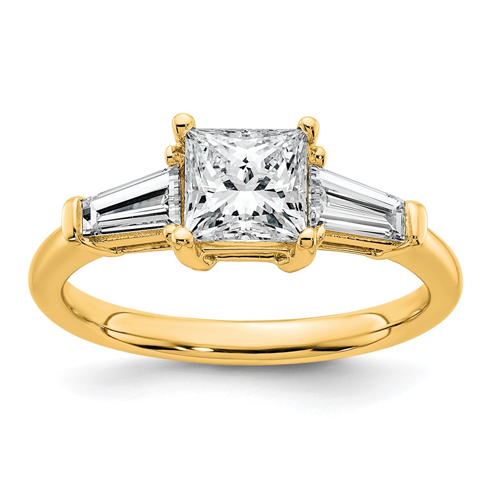 14K Yellow Gold 1.50 Carat Certified Lab Grown Diamond VS+ F+ Princess and Tapered Baguette Complete Three Stone Engagement Ring