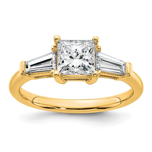 14K Yellow Gold 1.50 Carat Certified Lab Grown Diamond VS+ F+ Princess and Tapered Baguette Complete Three Stone Engagement Ring