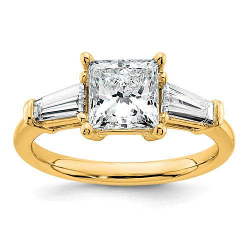 14K Yellow Gold 2.20 Carat Certified Lab Grown Diamond VS+ F+ Princess and Tapered Baguette Complete Three Stone Engagement Ring