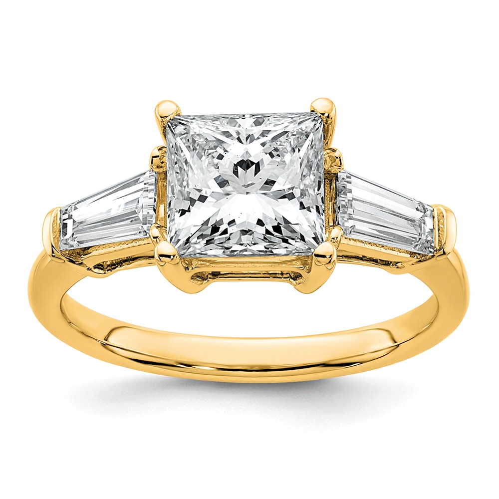 14K Yellow Gold 2.62 Carat Certified Lab Grown Diamond VS+ F+ Princess and Tapered Baguette Complete Three Stone Engagement Ring