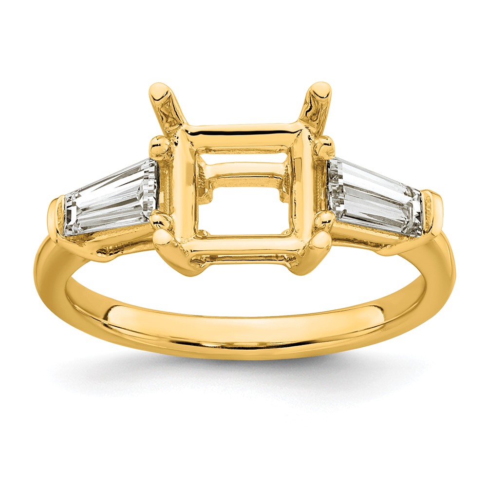 14K Yellow Gold 0.62 Carat Lab Grown Diamond VS+ F+ Tapered Baguette 2 Carat Princess Center Semi Mount Three Stone Engagement Ring