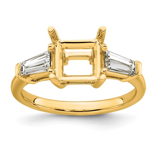 14K Yellow Gold 0.62 Carat Lab Grown Diamond VS+ F+ Tapered Baguette 2 Carat Princess Center Semi Mount Three Stone Engagement Ring