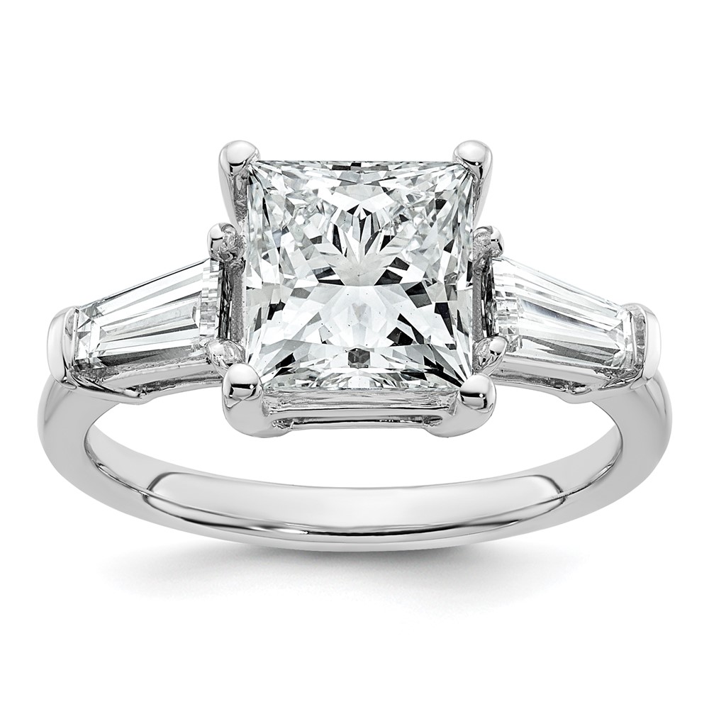 14K White Gold 3.20 Carat Lab Grown Diamond VS+ F+ Princess and Tapered Baguette Complete Three Stone Engagement Ring