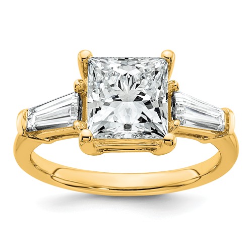 14K Yellow Gold 3.20 Carat Certified Lab Grown Diamond VS+ F+ Princess and Tapered Baguette Complete Three Stone Engagement Ring