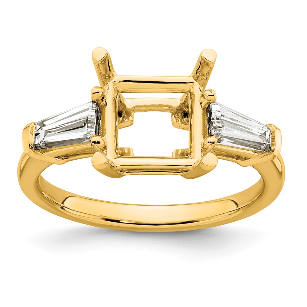 14K Yellow Gold 0.75 Carat Lab Grown Diamond VS+ F+ Tapered Baguette 2.50 Carat Princess Center Semi Mount Three Stone Engagement Ring