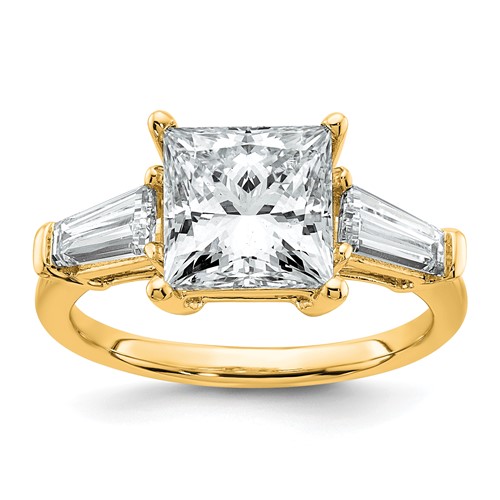 14K Yellow Gold 3.75 Carat Certified Lab Grown Diamond VS+ F+ Princess and Tapered Baguette Complete Three Stone Engagement Ring
