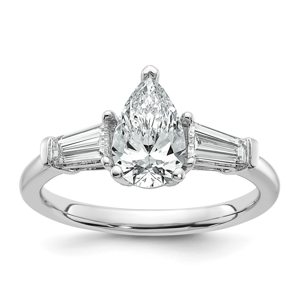 14K White Gold 1.50 Carat Certified Lab Grown Diamond VS+ F+ Pear and Tapered Baguette Complete Engagement Ring
