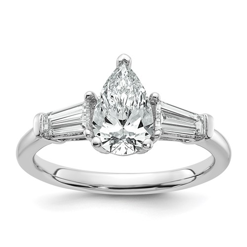 14K White Gold 1.50 Carat Certified Lab Grown Diamond VS+ F+ Pear and Tapered Baguette Complete Engagement Ring
