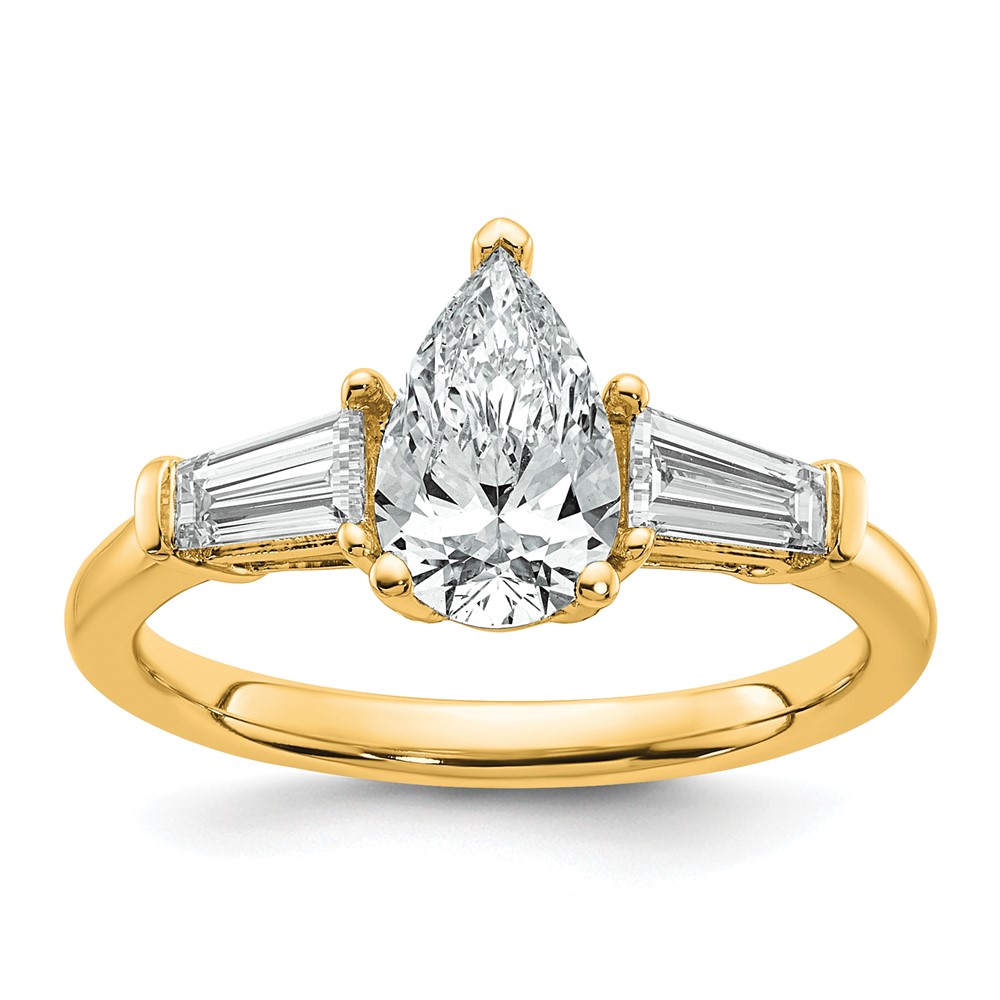 14K Yellow Gold 1.50 Carat Certified Lab Grown Diamond VS+ F+ Pear and Tapered Baguette Complete Engagement Ring