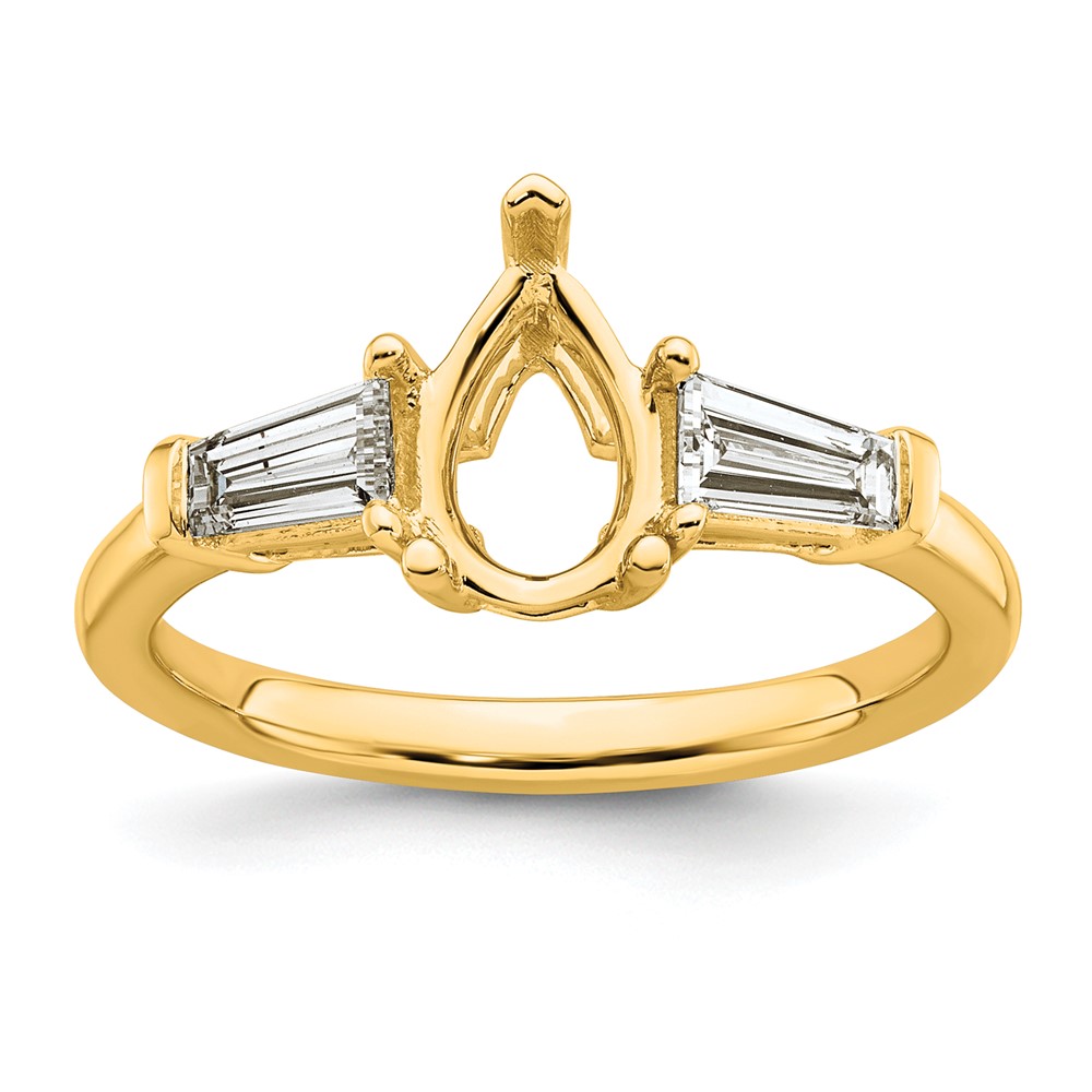 14K Yellow Gold 0.50 Carat Lab Grown Diamond VS+ F+ Tapered Baguette 1 Carat Pear Center Semi Mount Engagement Ring