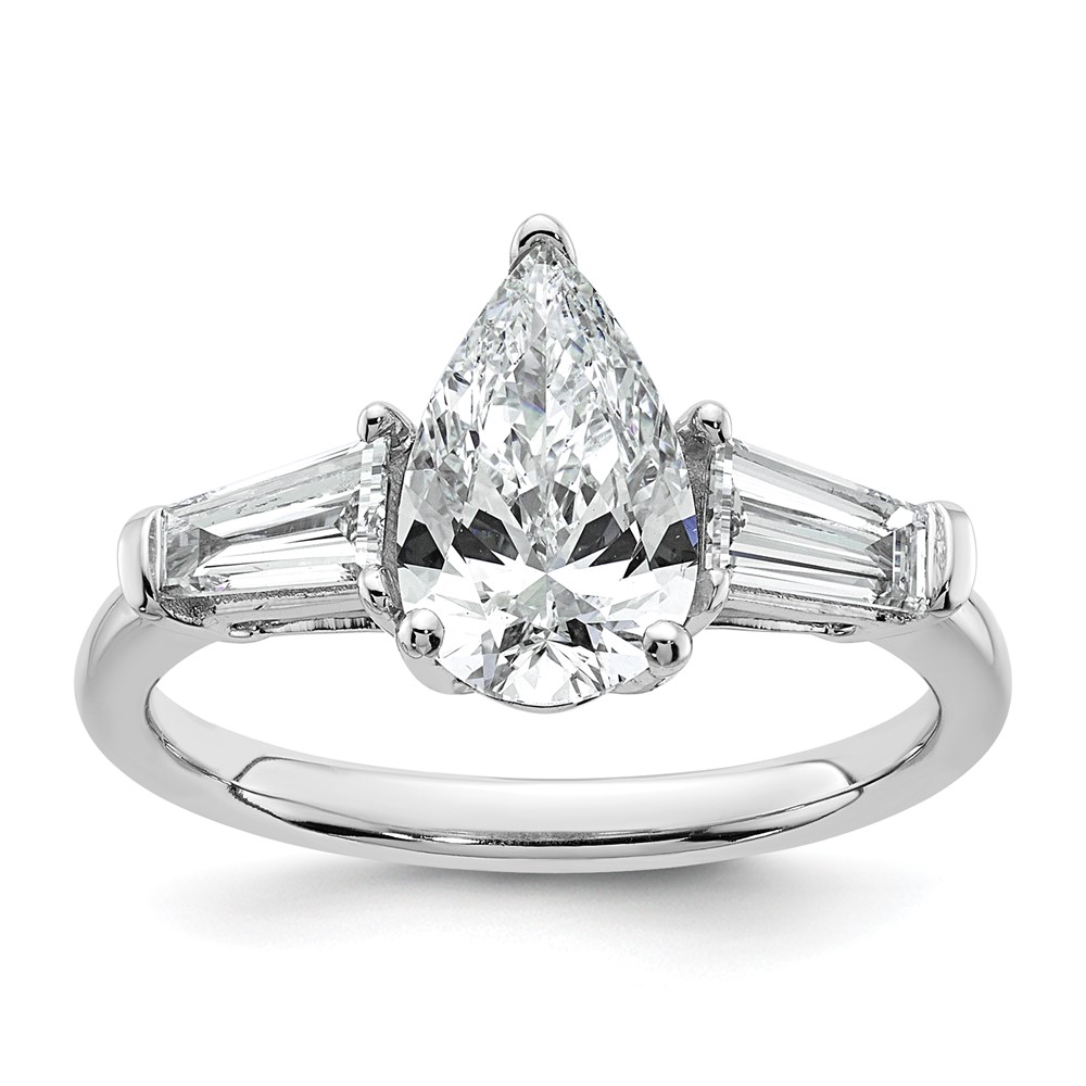 14K White Gold 2 Carat Certified Lab Grown Diamond VS+ F+ Pear and Tapered Baguette Complete Engagement Ring