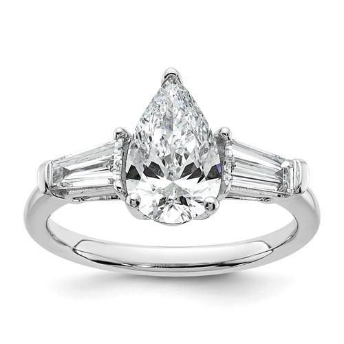 14K White Gold 2 Carat Certified Lab Grown Diamond VS+ F+ Pear and Tapered Baguette Complete Engagement Ring