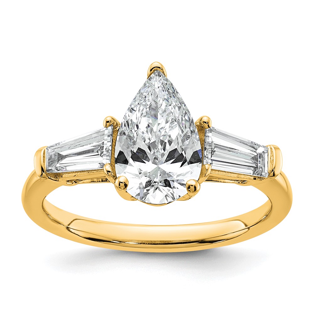 14K Yellow Gold 2 Carat Certified Lab Grown Diamond VS+ F+ Pear and Tapered Baguette Complete Engagement Ring