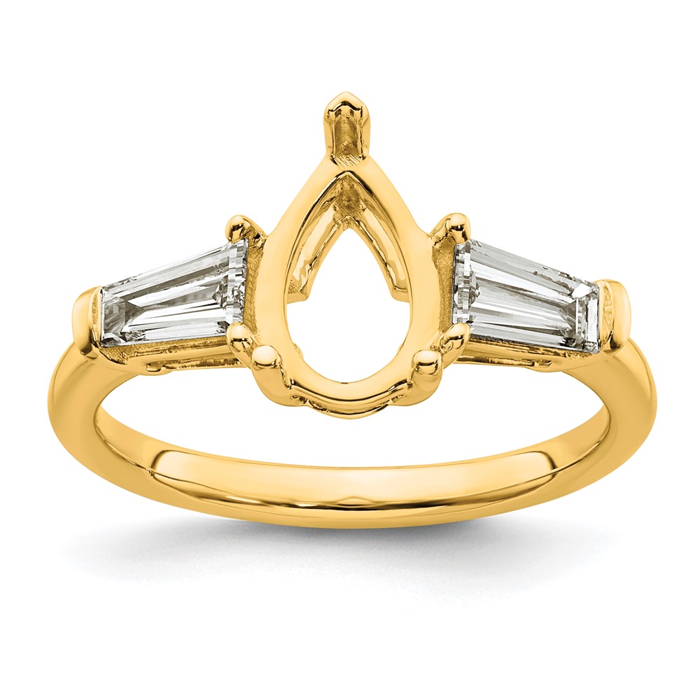 14K Yellow Gold 0.62 Carat Lab Grown Diamond VS+ F+ Tapered Baguette 1.50 Carat Pear Center Semi Mount Engagement Ring