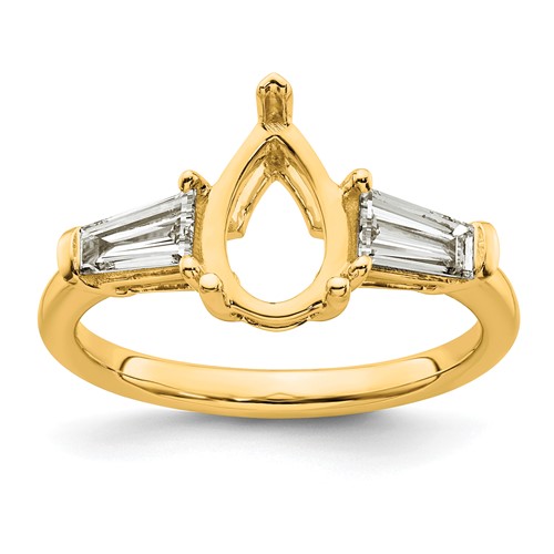 14K Yellow Gold 0.62 Carat Lab Grown Diamond VS+ F+ Tapered Baguette 1.50 Carat Pear Center Semi Mount Engagement Ring