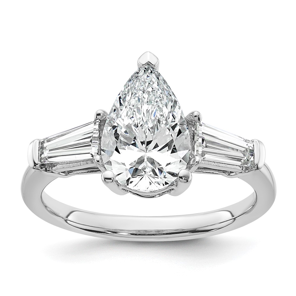 14K White Gold 2.62 Carat Certified Lab Grown Diamond VS+ F+ Pear and Tapered Baguette Complete Engagement Ring