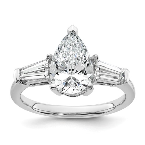 14K White Gold 2.62 Carat Certified Lab Grown Diamond VS+ F+ Pear and Tapered Baguette Complete Engagement Ring