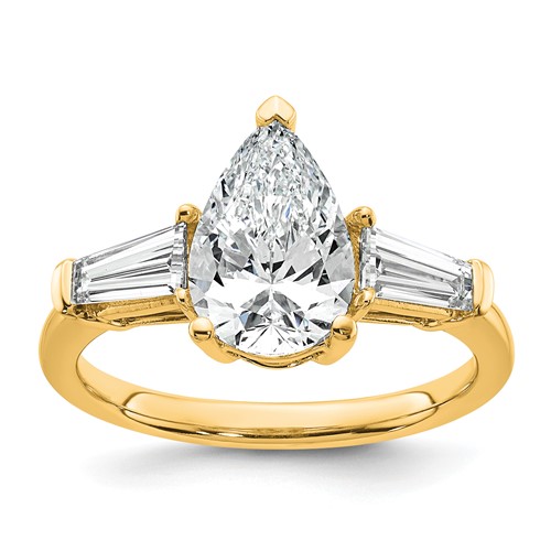 14K Yellow Gold 2.62 Carat Certified Lab Grown Diamond VS+ F+ Pear and Tapered Baguette Complete Engagement Ring