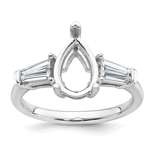 14K White Gold 0.62 Carat Lab Grown Diamond VS+ F+ Tapered Baguette 2 Carat Pear Center Semi Mount Engagement Ring
