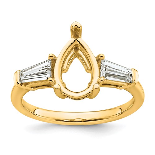 14K Yellow Gold 0.62 Carat Lab Grown Diamond VS+ F+ Tapered Baguette 2 Carat Pear Center Semi Mount Engagement Ring