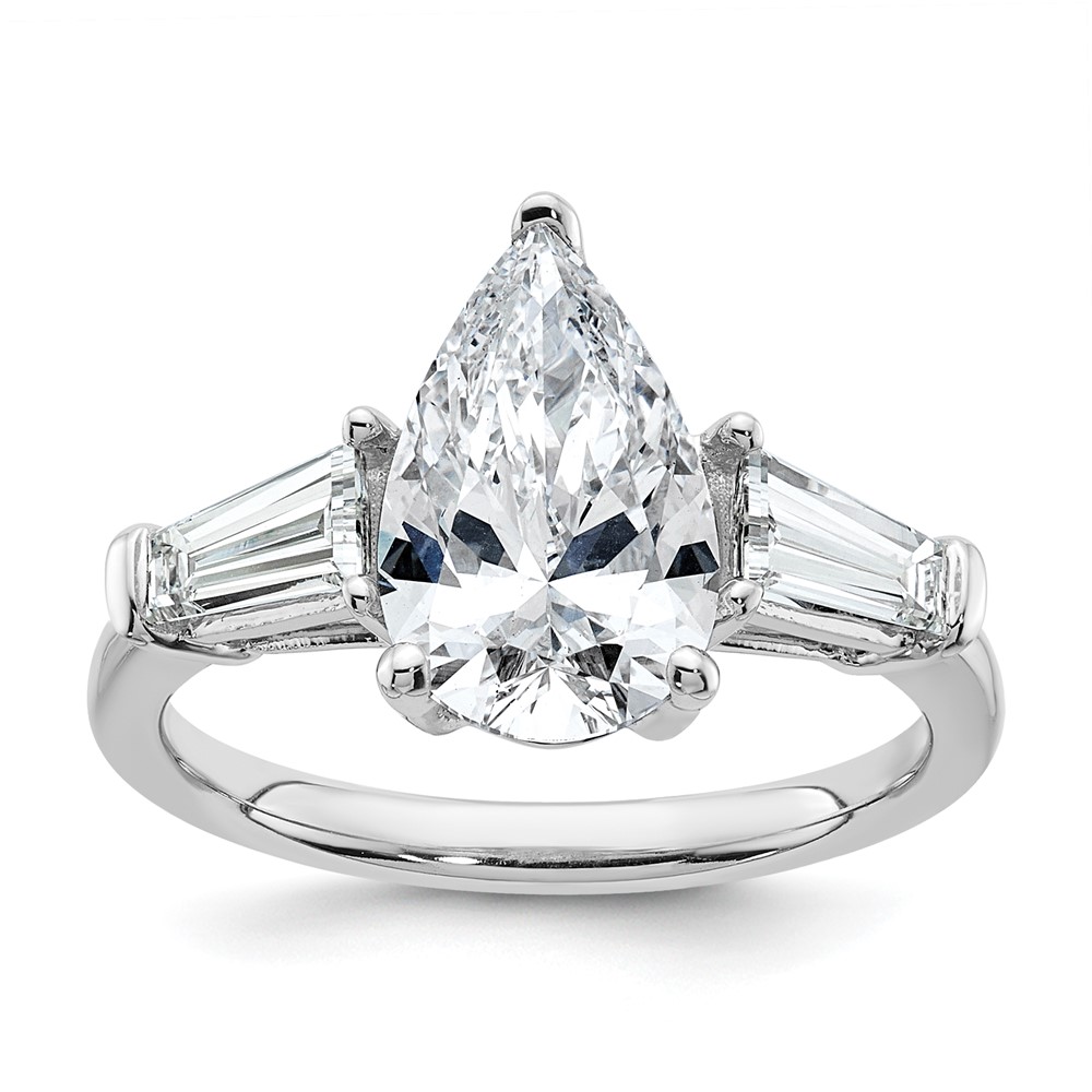 14K White Gold 3.33 Carat Certified Lab Grown Diamond VS+ F+ Pear and Tapered Baguette Complete Engagement Ring