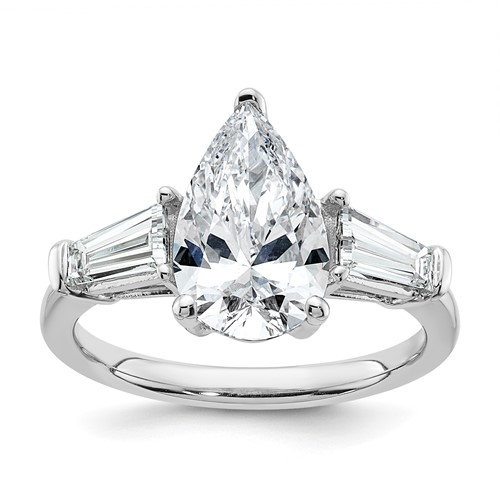 14K White Gold 3.33 Carat Certified Lab Grown Diamond VS+ F+ Pear and Tapered Baguette Complete Engagement Ring