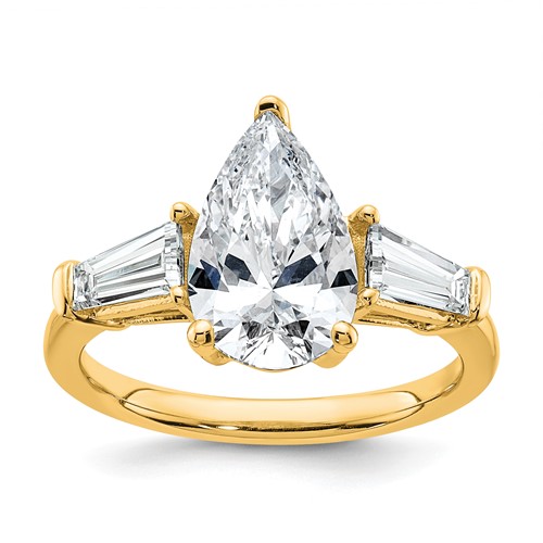 14K Yellow Gold 3.33 Carat Certified Lab Grown Diamond VS+ F+ Pear and Tapered Baguette Complete Engagement Ring