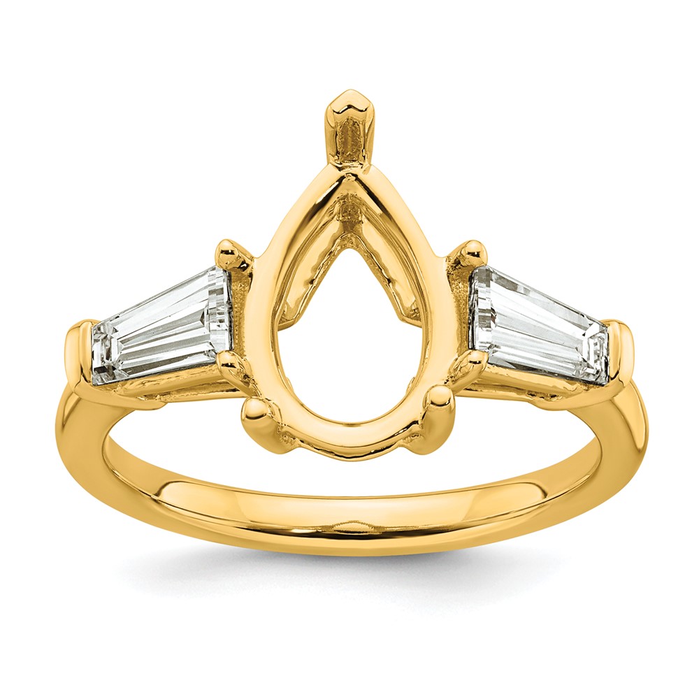 14K Yellow Gold 0.88 Carat Lab Grown Diamond VS+ F+ Tapered Baguette 2.50 Carat Pear Center Semi Mount Engagement Ring